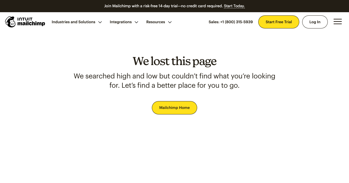 Screenshot della pagina 404 di Mailchimp