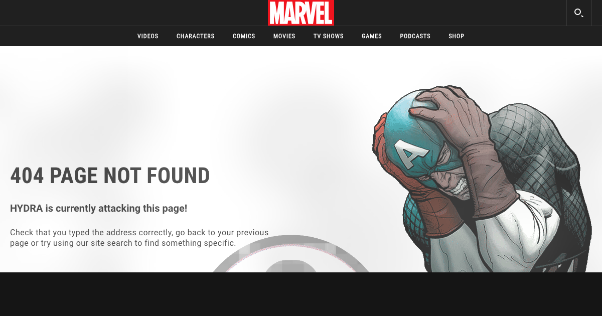 Screenshot della pagina 404 di Marvel