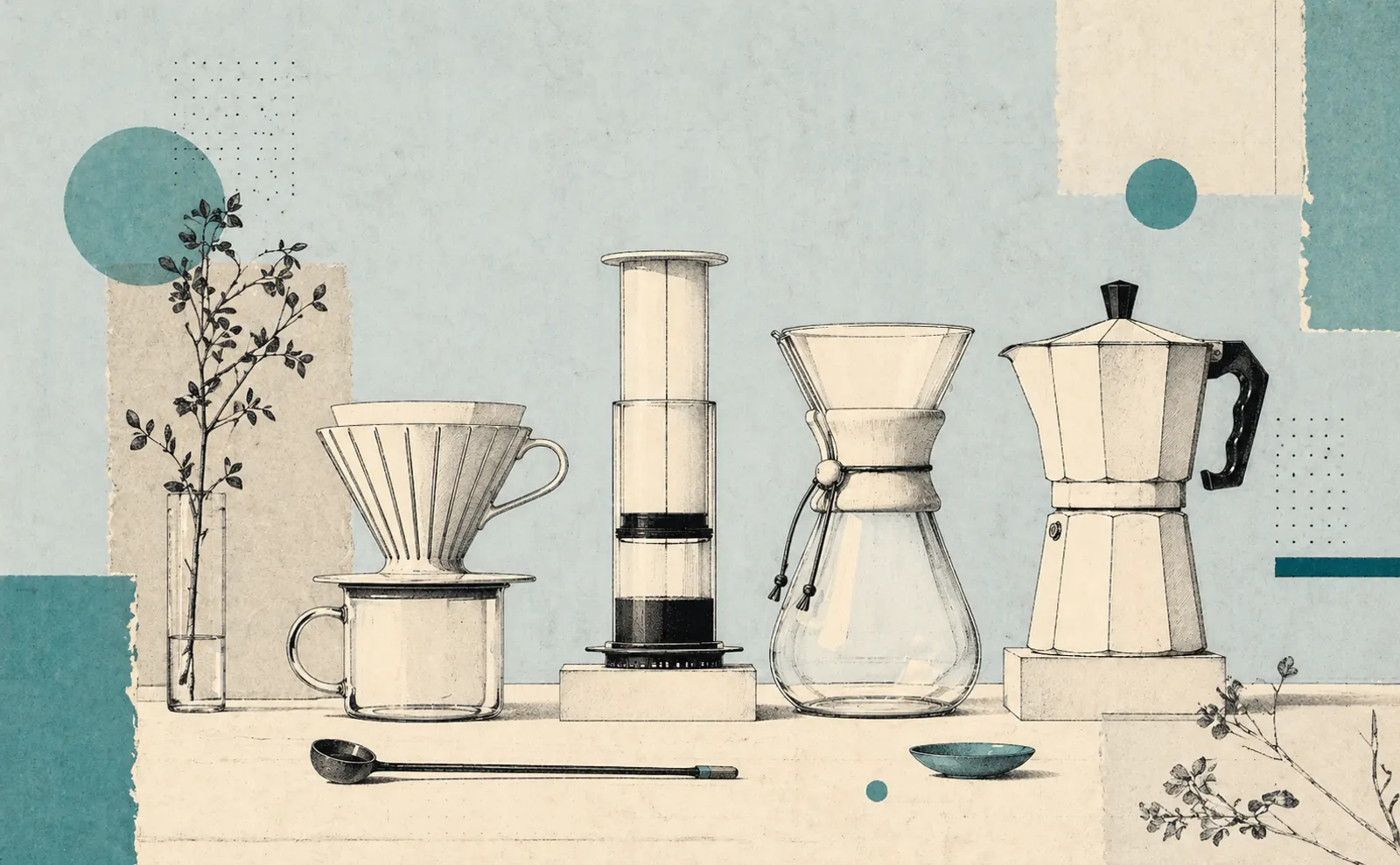 V60, Aeropress, Chemex e moka disposti come strumenti da laboratorio
