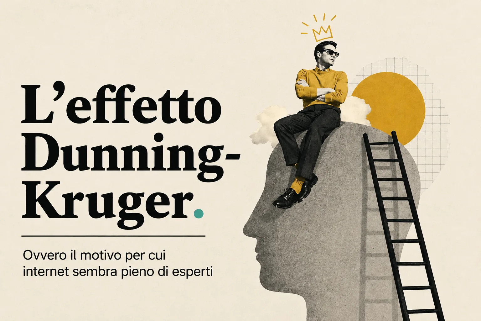 Collage editoriale sull'effetto Dunning-Kruger, con una persona convinta seduta sopra una testa e una scala verso la competenza