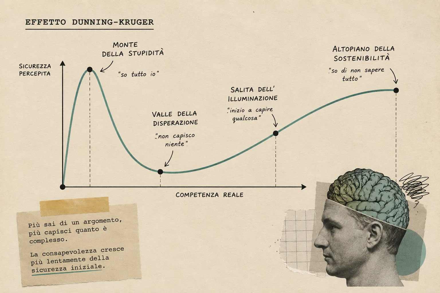 Il grafico che tutti conoscono e che non esiste Collage sull'effetto Dunning-Kruger con una figura seduta sopra una testa, una scala e una corona disegnata come simbolo di falsa sicurezza