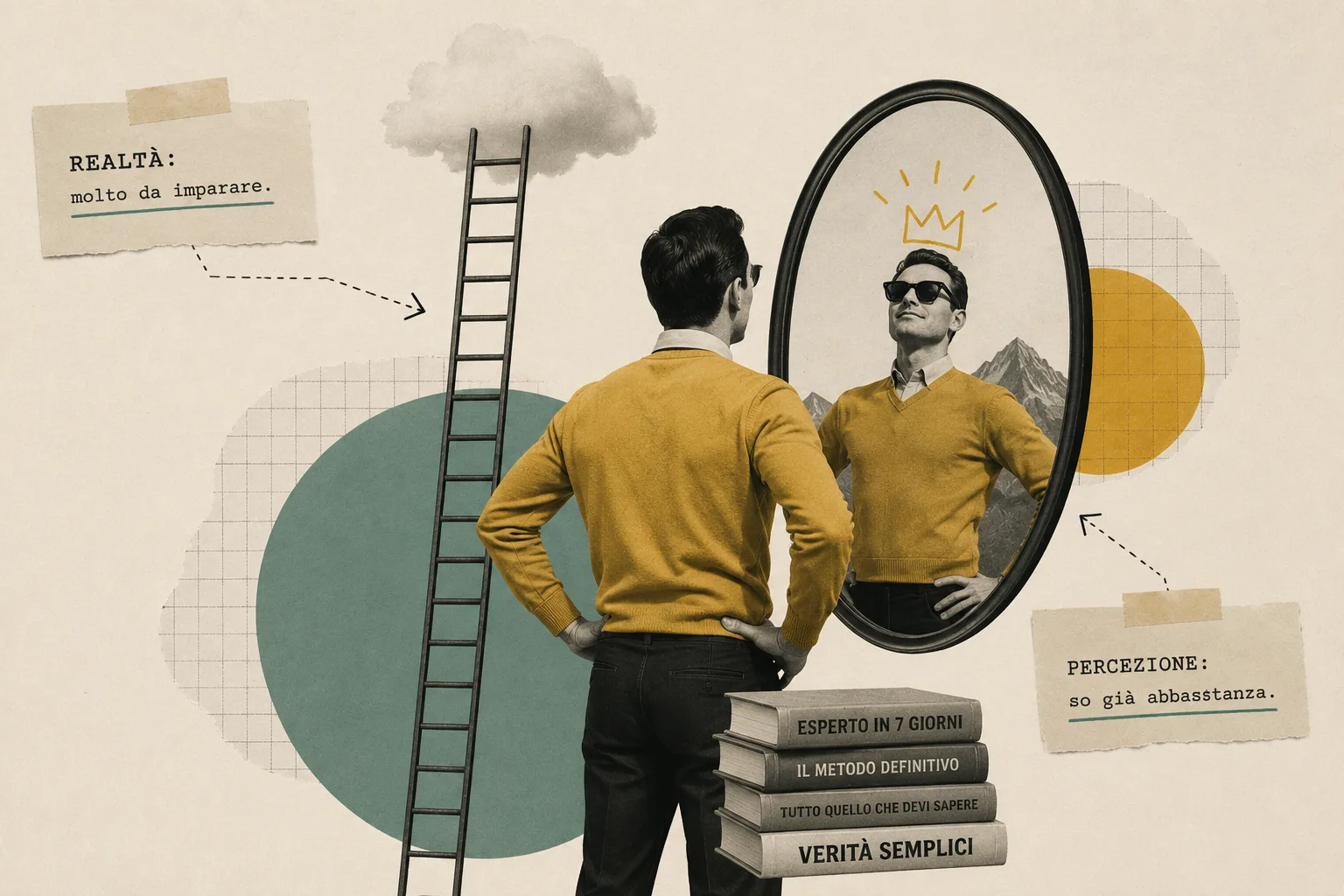 Il punto non è diventare insicuri Figura pensierosa su una testa con scala e corona, immagine che rappresenta il dubbio come frizione utile prima della sicurezza assoluta