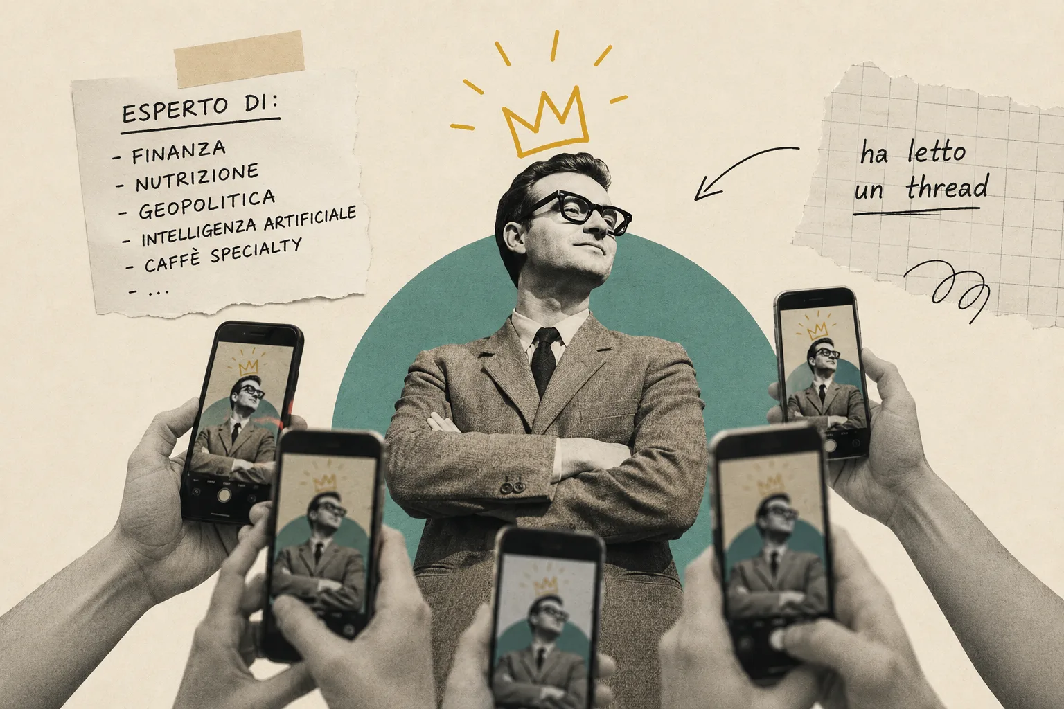 Internet premia la sicurezza, non la competenza Persona davanti a uno specchio che vede sé stessa incoronata, mentre la realtà suggerisce che ci sia ancora molto da imparare