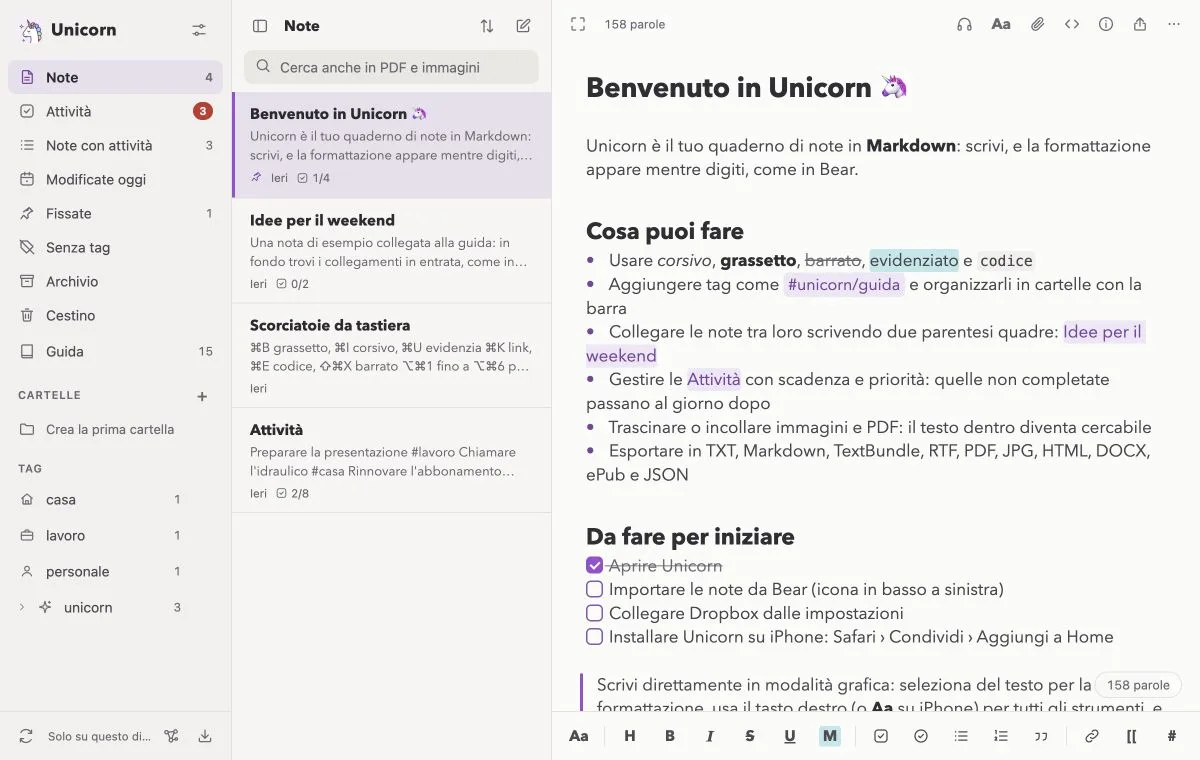Unicorn su Mac con l’elenco delle note e la guida aperta nell’editor Markdown