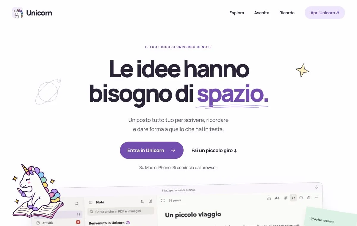 La landing di Unicorn, con l’unicorno e l’anteprima dell’app